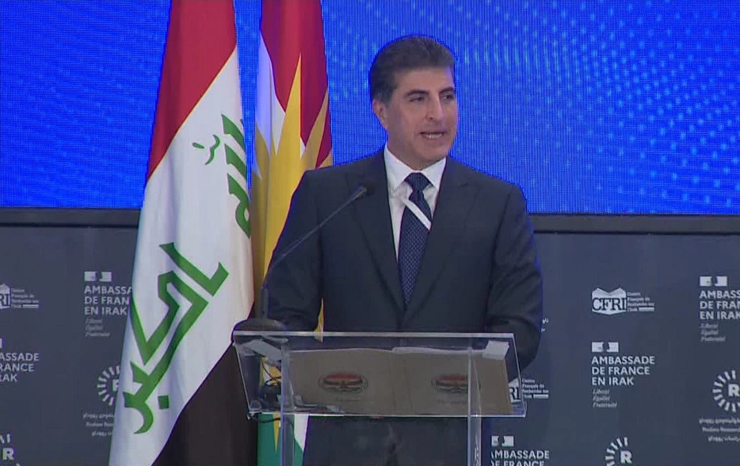 Kurdistan Region President Nechirvan Barzani speaks at the ‘Iraq: A tragic destiny’ conference in Erbil on September 25, 2021. Photo: Rudaw
