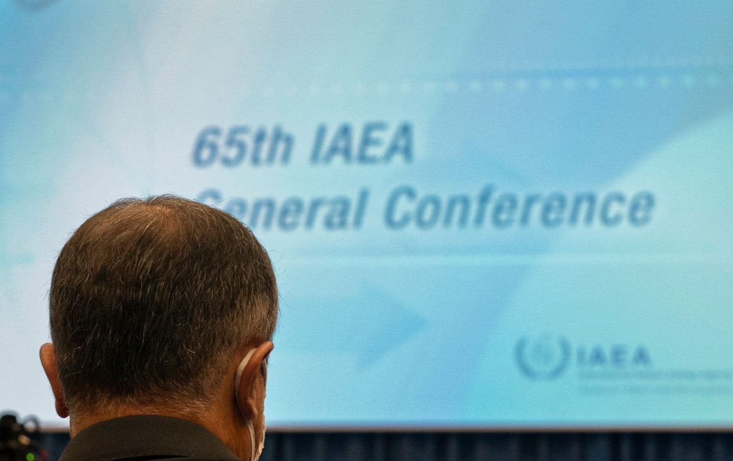 Head of Atomic Energy Organization of Iran (AEOI) Mohammad Eslami is pictured from behind during the annual meeting of all the IAEA member states in the agency’s headquarters in Vienna on September 20, 2021. Photo: JOE KLAMAR / AFP