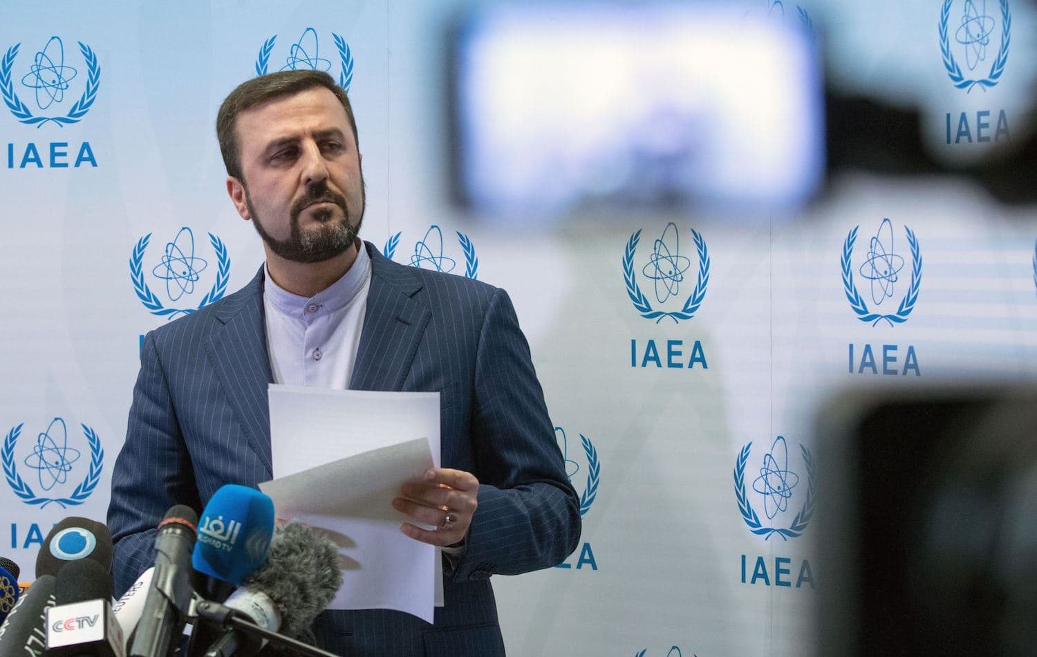 Photo: Kazem Gharib Abadi, Iran’s permanent representative to the United Nations, gives a press conference after the International Atomic Energy Agency Board of Governors meeting in Vienna on July 10. ALEX HALADA/AFP/GETTY IMAGES