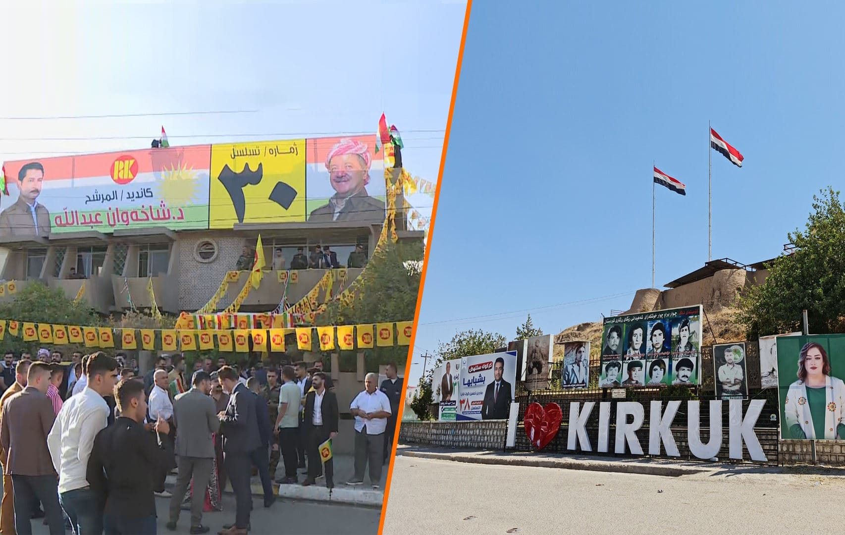 Left: The KDP campaign office in Kirkuk. Photo: Rudaw Right: Election campaign posters in Kirkuk. Photo: Bilind T. Abdullah/Rudaw