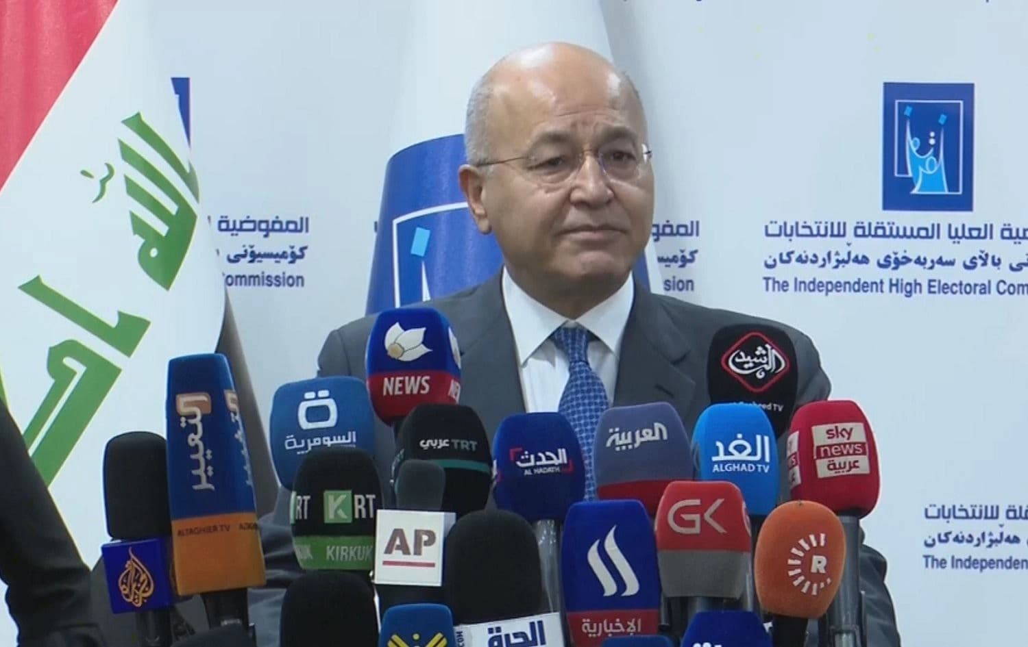 Iraqi President Barham Salih speaks to reporters at the electoral commission office in Baghdad on October 3, 2021. Photo: Rudaw