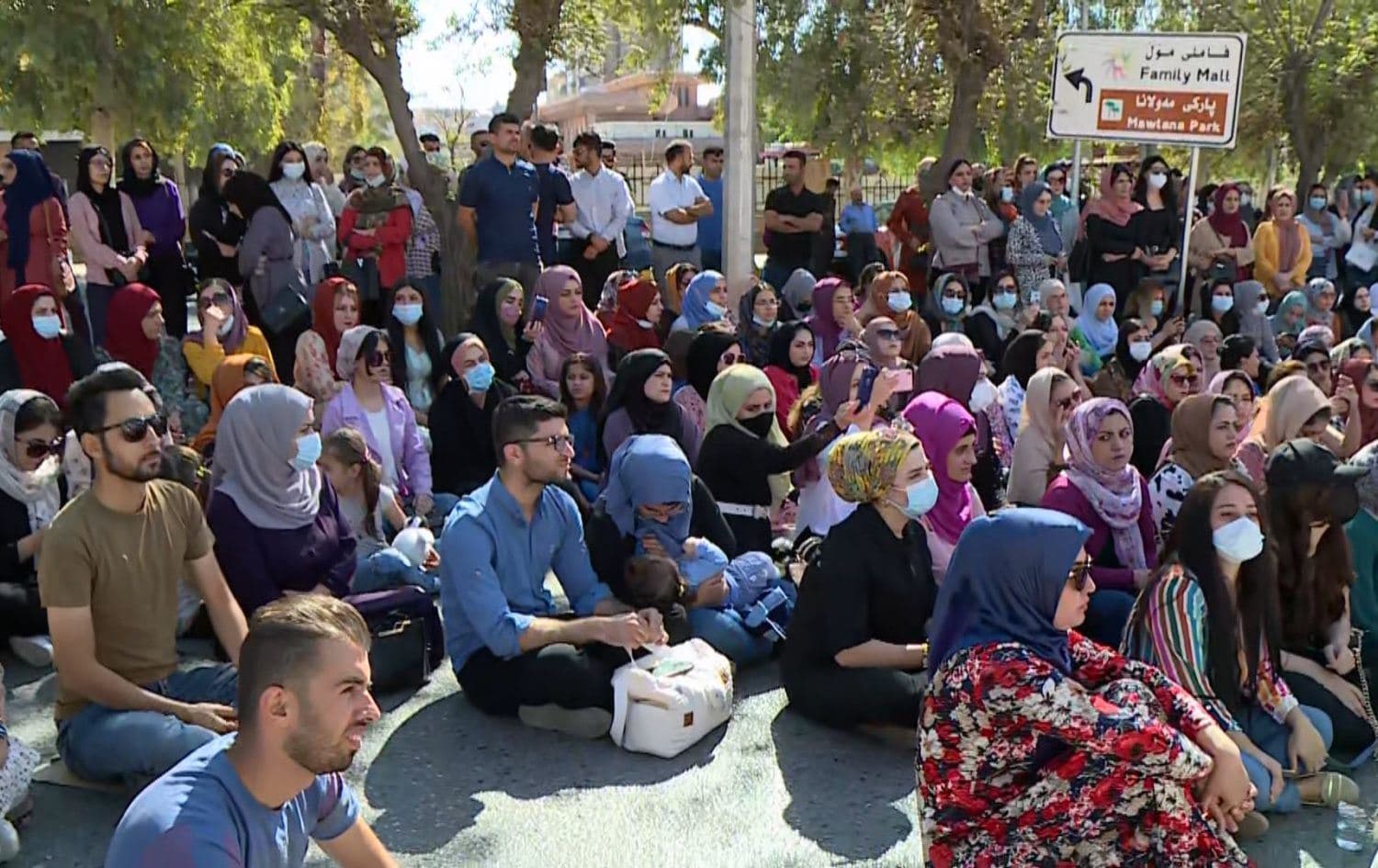 Teachers protest to demand full-contract employment in Sulaimani city on October 19, 2021. Photo: Rudaw/screenshot