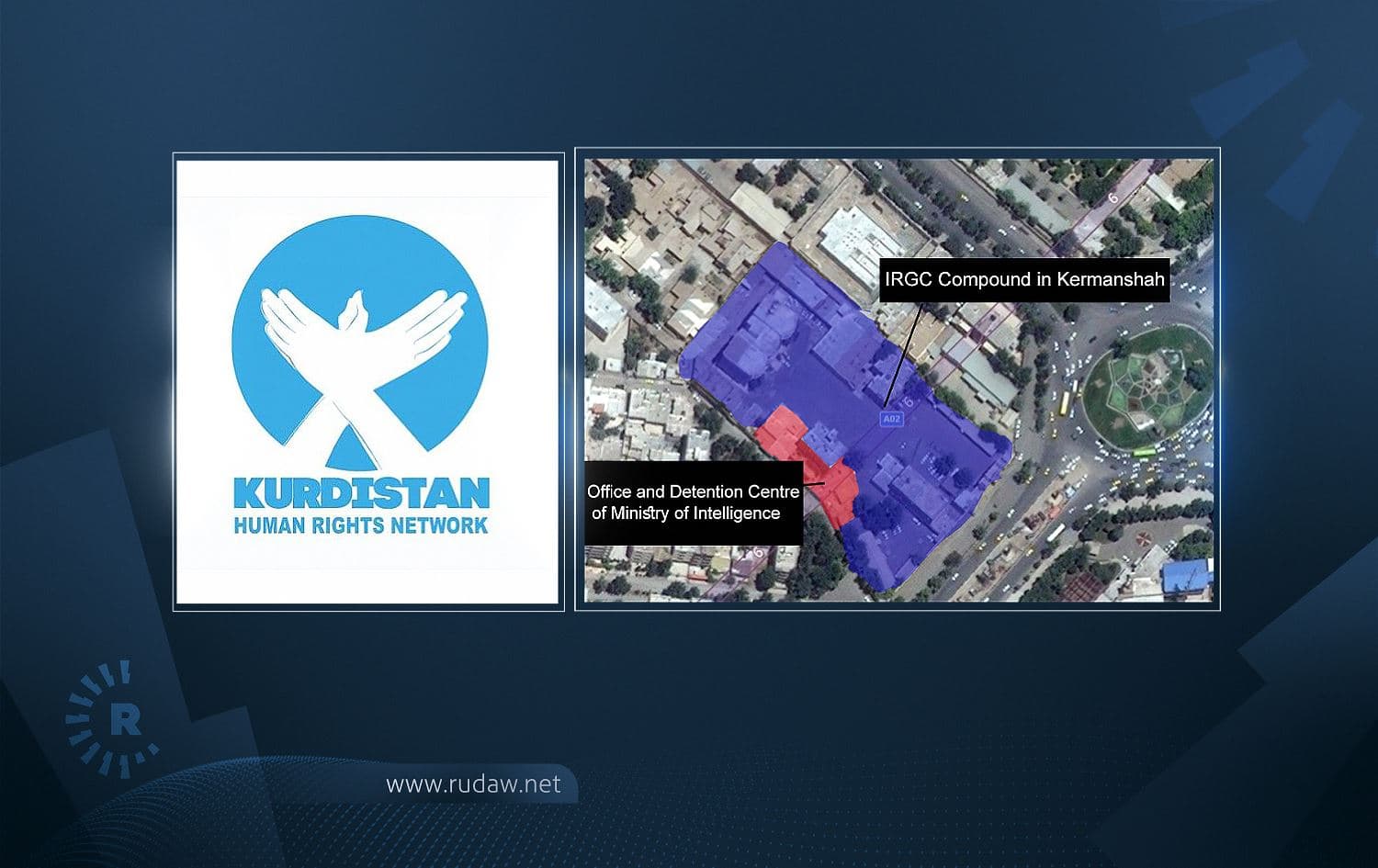 Logo of the Kurdistan Human Rights Network and map of location of secret detention centres in Kermanshah, Iran. Photos: handout/KHRN