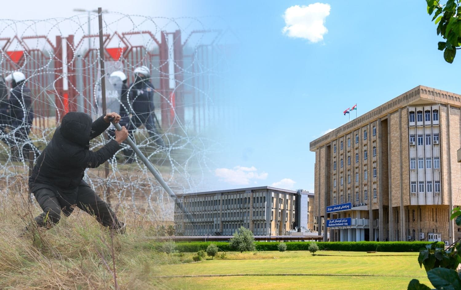 A migrant attempts to destroy the razor-wire fence to cross into Poland (left) on November 16, 2021. Photo: AFP. The Kurdistan Parliament (right). Photo: Bilind T. Abdullah. Graphic: Rudaw