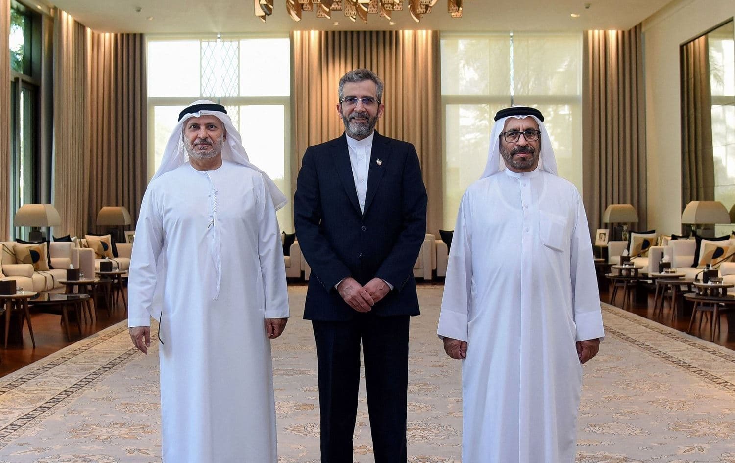 Photo: Iranian Deputy Foreign Minister Ali Bagheri (centre) met with Anwar Gargash, diplomatic adviser to UAE President Sheikh Khalifa bin Zayed al-Nahyan (left) and Minister of State Khalifa Shaheen al-Marar (right) in Abu Dhabi on November 26, 2021. Photo: handout/UAE news agency (WAM)/AFP