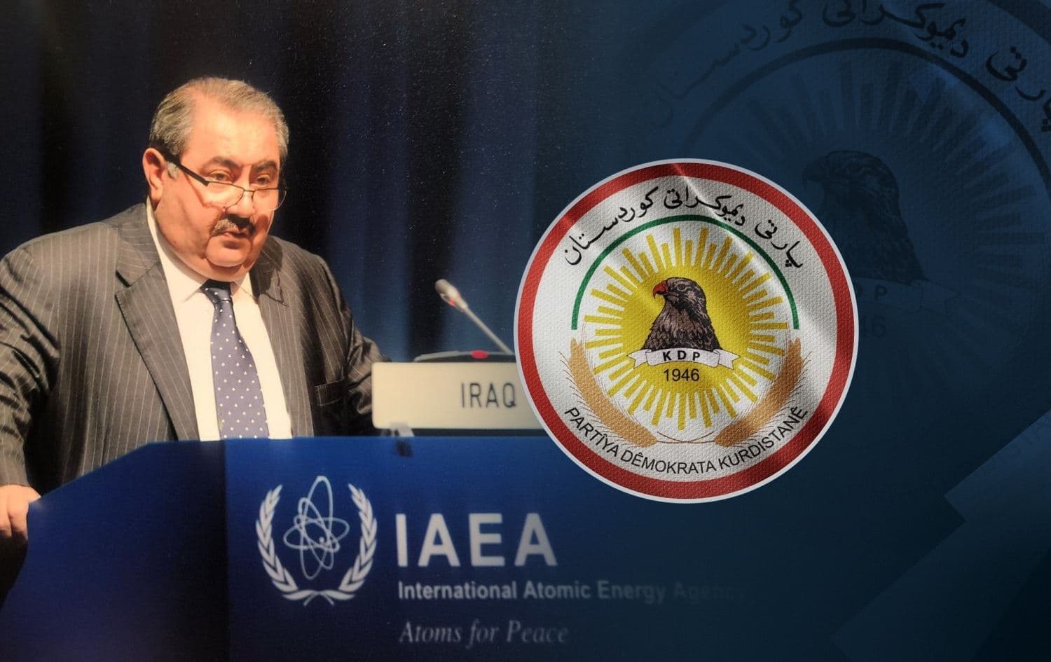 KDP candidate for president, Hoshyar Zebari. Photo: Zebari’s Twitter (Left); KDP logo (Right); Graphic: Rudaw