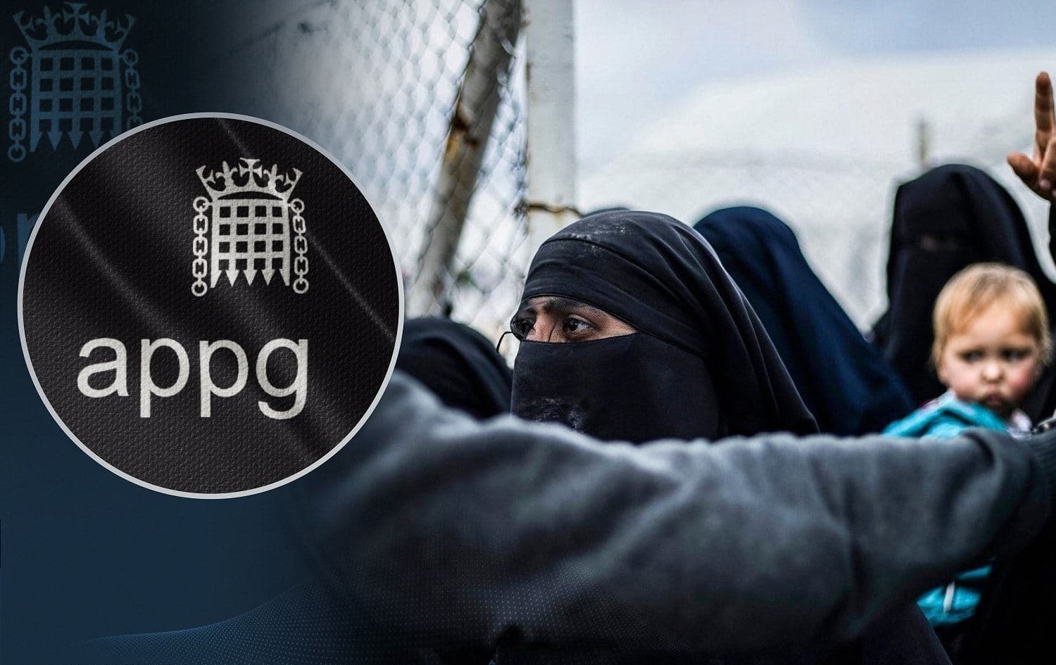 A young child pictured in al-Hol camp, in northeast Syria. Photo: Deli Souleiman/AFP. Logo: All-Party Parliamentary Group on Trafficked Britons in Syria
