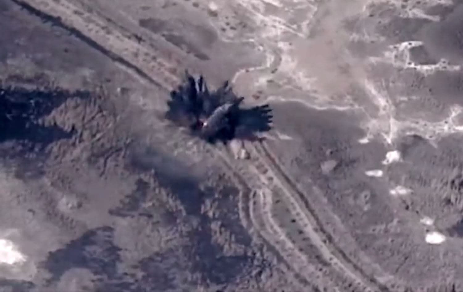 Moments of the Iraqi air force blast which destroyed an ISIS hideout in Kirkuk. Photo: Security Media Cell/Twitter