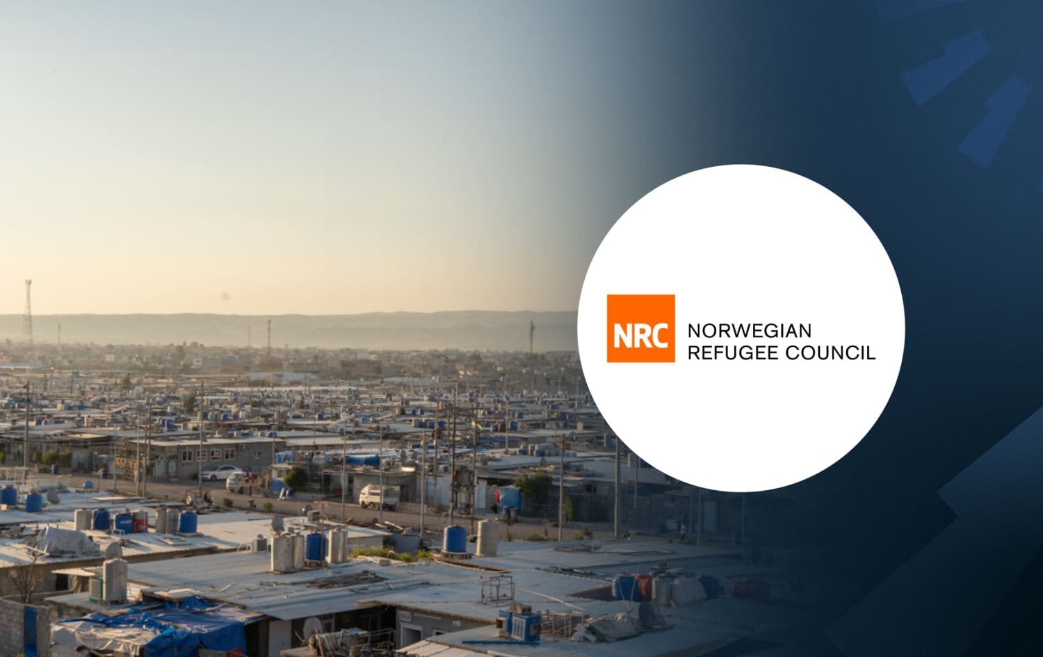 Kawergosk refugee camp (right), situated in the outskirts of Erbil in the Kurdistan Region on February 14, 2022. Photo: Submitted/Rudaw; Norwegian Refugee Council logo (left); Graphic: Rudaw