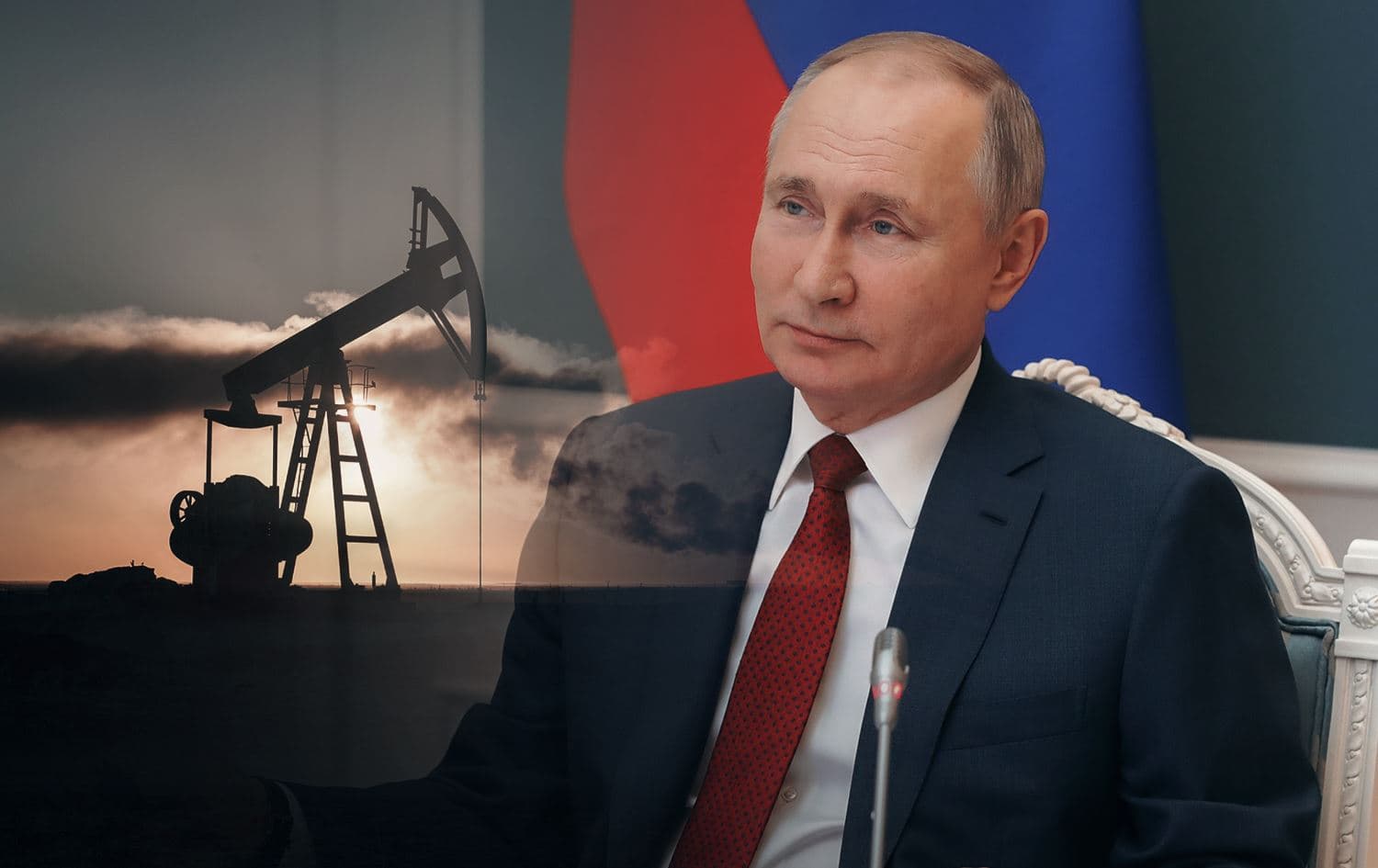 Oil refinery (left). Photo: AFP; Russian President Vladimir Putin (right). Photo: AP; Graphic: Rudaw