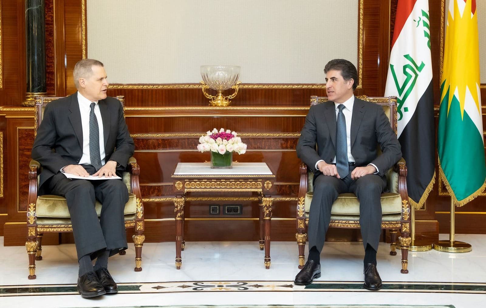 Kurdistan Region President Nechirvan Barzani meeting with US Ambassador to Iraq Matthew Tueller in Erbil on March 30, 2022. Photo: Presidency