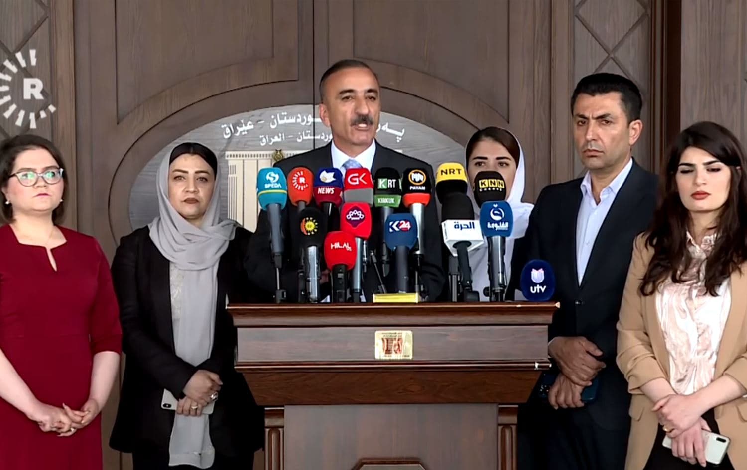 Kurdistan Region parliament's PUK bloc hold a press conference on April 6, 2022. Photo: Rudaw