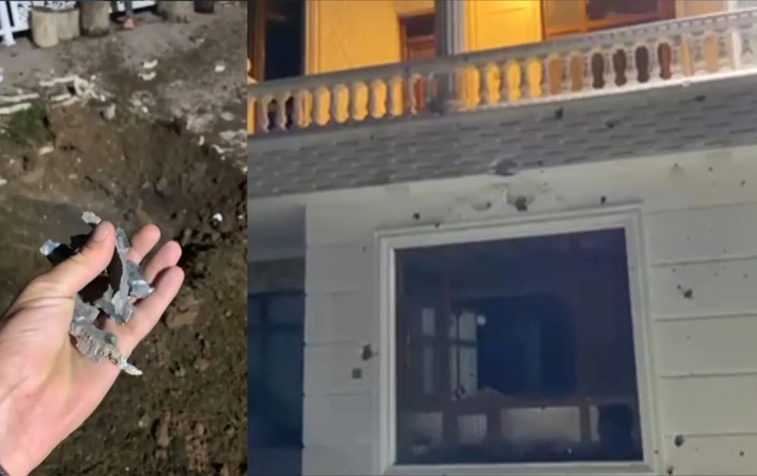 From left: The owner of the house holds the remains of the bomb, and his house after the incident, taken on April 25, 2022. Photo: Submitted