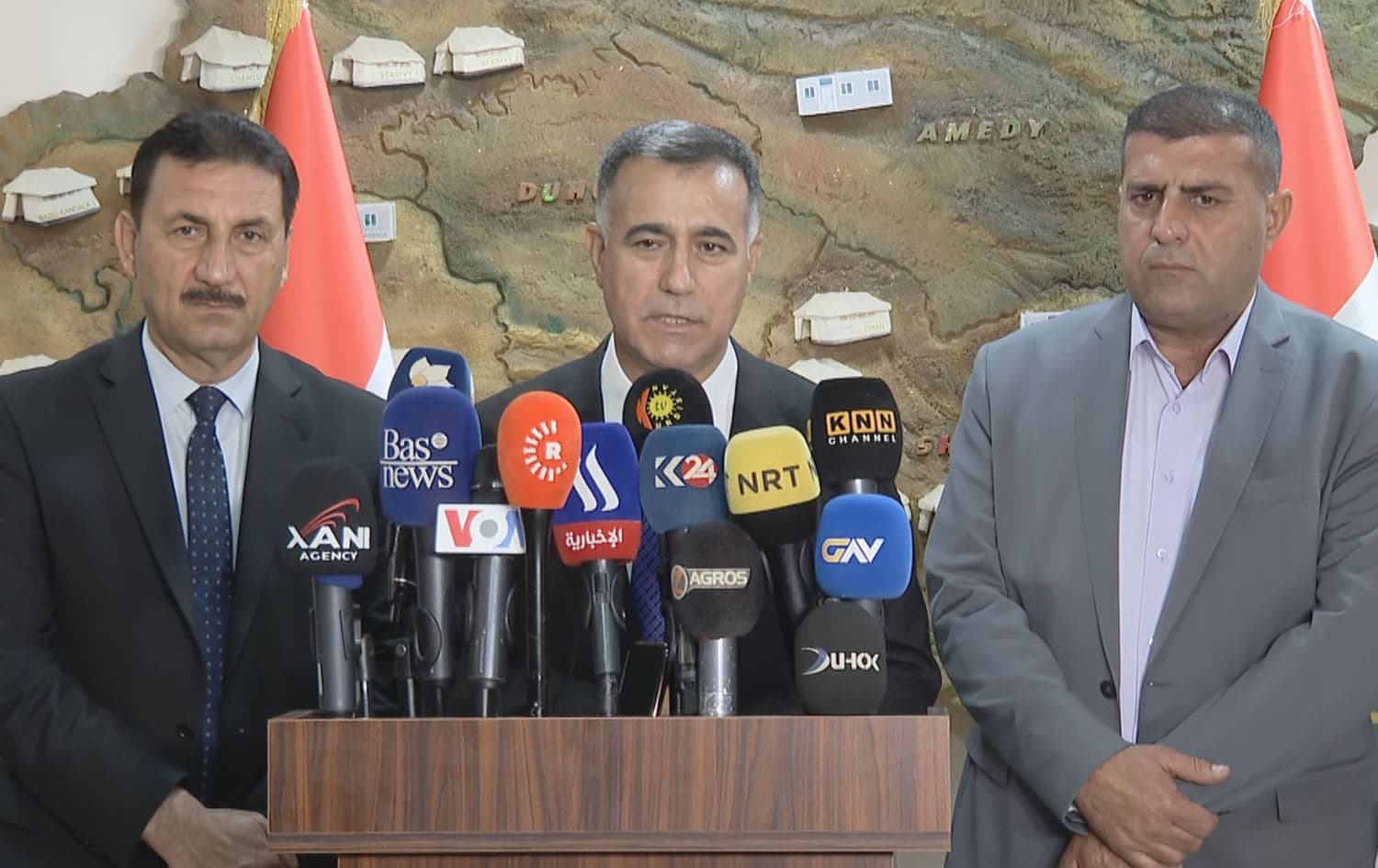 Hussein Kalari (middle) speaking at a press conference on May 3, 2022. Photo: Rudaw