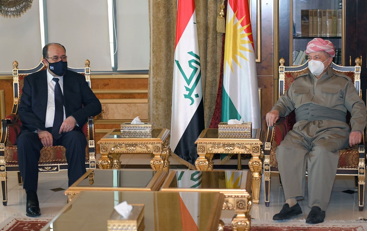 Leader of the Coordination Framework Nouri al-Maliki (left), and KDP Leader Masoud Barzani (right) in Erbil on August 25, 2021. Photo: Barzani's office.