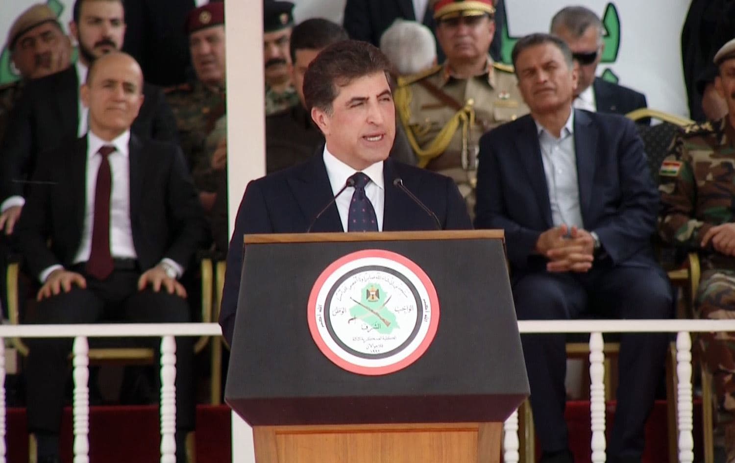 Kurdistan Region President Nechirvan Barzani speaking at the graduation ceremony of 503 Peshmerga officers in Sulaimani’s Qalachwalan Military Academy on May 22, 2022. Photo: Rudaw