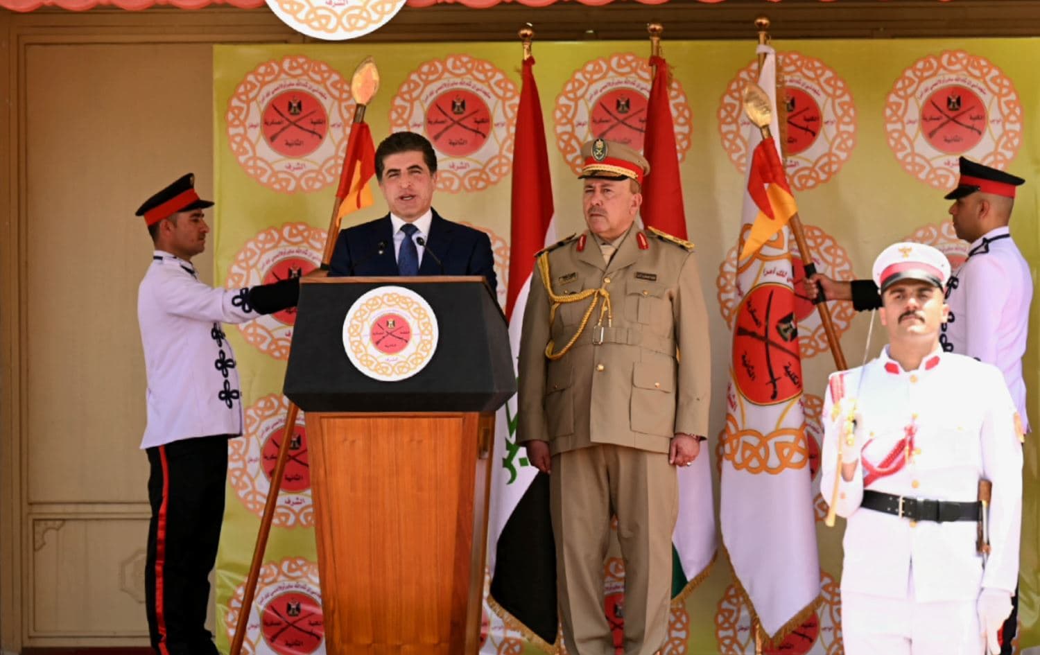 Kurdistan Region President Barzani speaking to the graduating class of Zakho Military College in Duhok, on 26 May, 2022. Photo: Rudaw