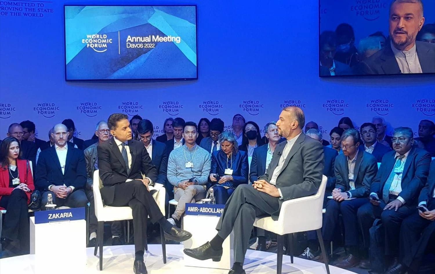 Hossein Amir-Abdollahian in conversation with Fareed Zakaria at the World Economic Forum in Davos, Switzerland, on May 26, 2022. Photo: IRNA