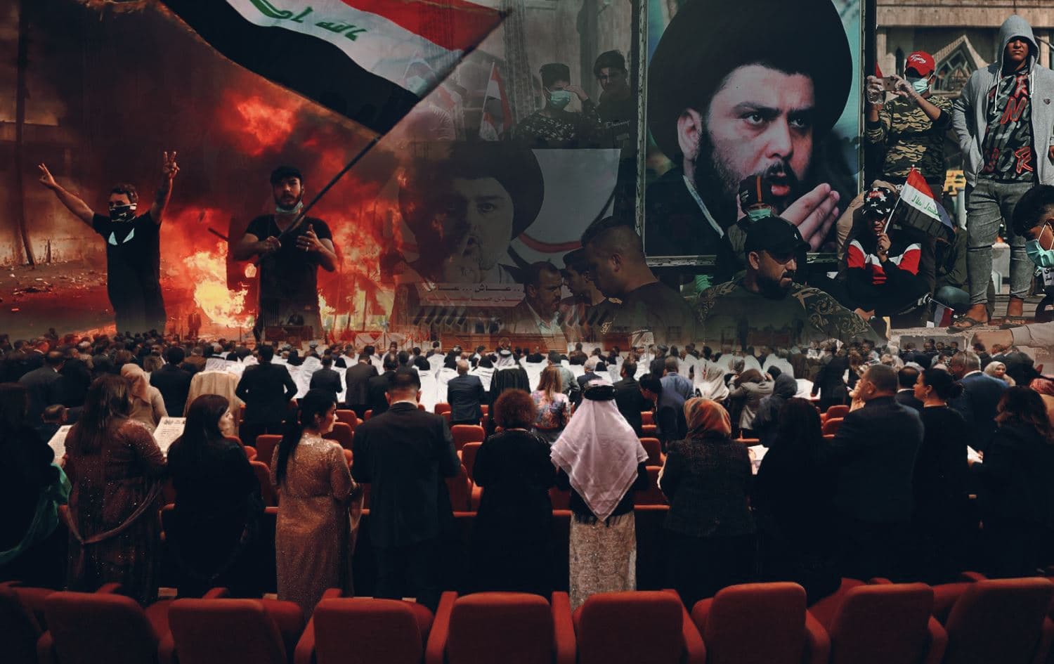 Iraqi anti-government protesters in Baghdad in 2019 (left). Photo: AP; Iraqi parliament (centre). File photo: AFP; Followers of Shiite cleric Muqtada al-Sadr in Baghdad in 2020 (right). Photo: AP; Graphic: Rudaw