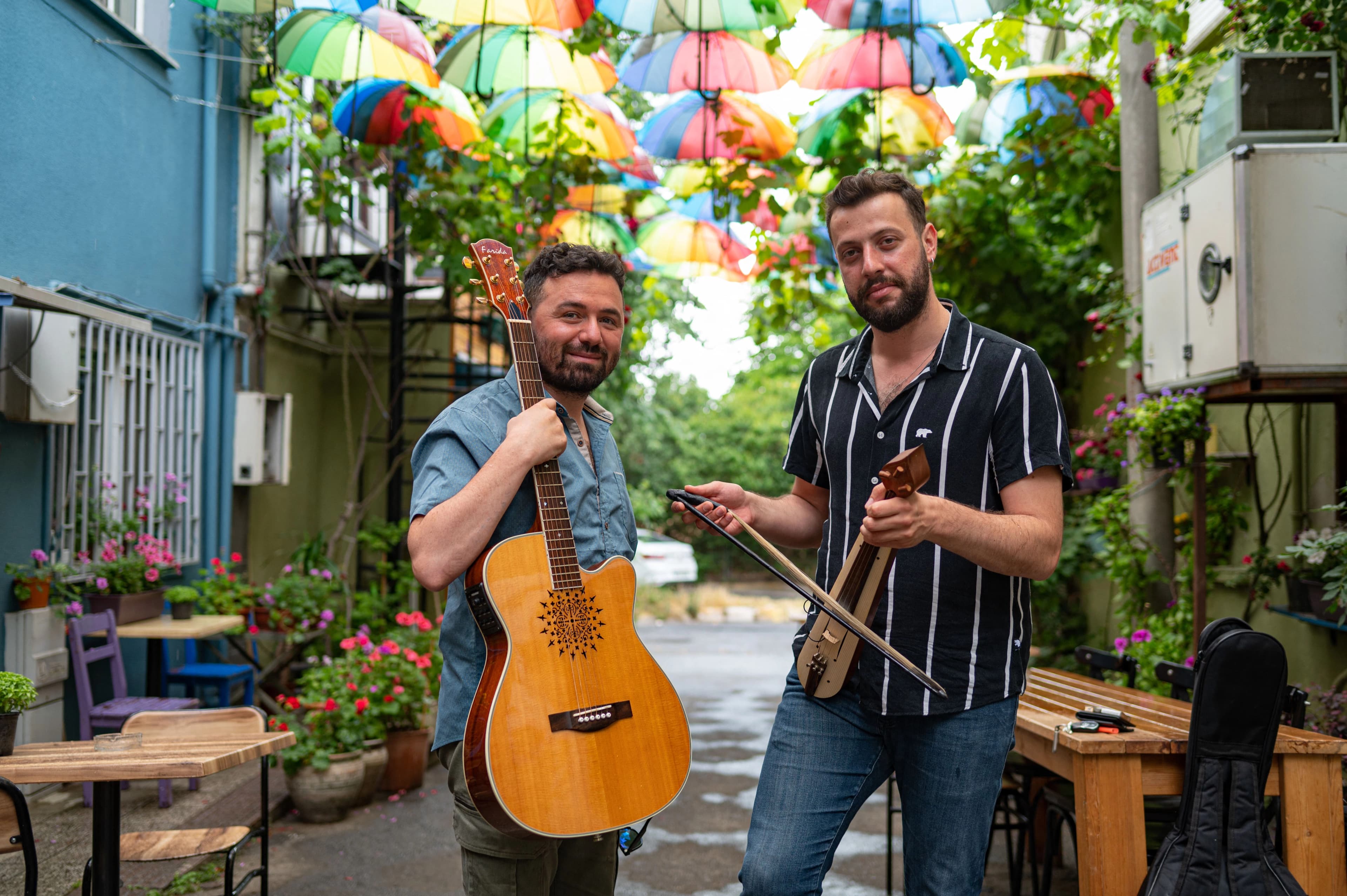 Apolas Lermi (L), poses with fellow musician Eren Demir, in Istanbul on June 7, 2022. Photo: AFP