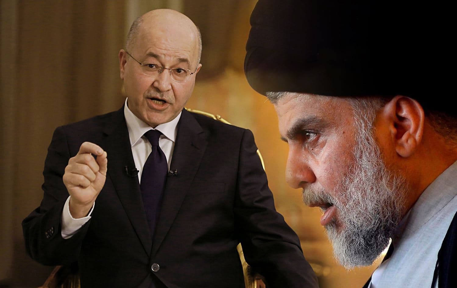 Iraqi President Barham Salih (left) on March 29, 2019. Photo: AP; Muqtada al-Sadr (right). Photo: AFP; Graphic: Rudaw