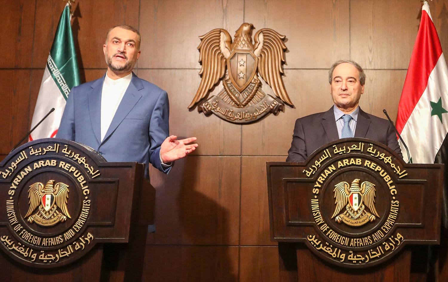 Iranian Foreign Minister Hossein Amir-Abdollahian during a press conference with his Syrian counterpart Faisal Mekdad in Damascus on July 2, 2022. Photo: Louai Beshara/AFP