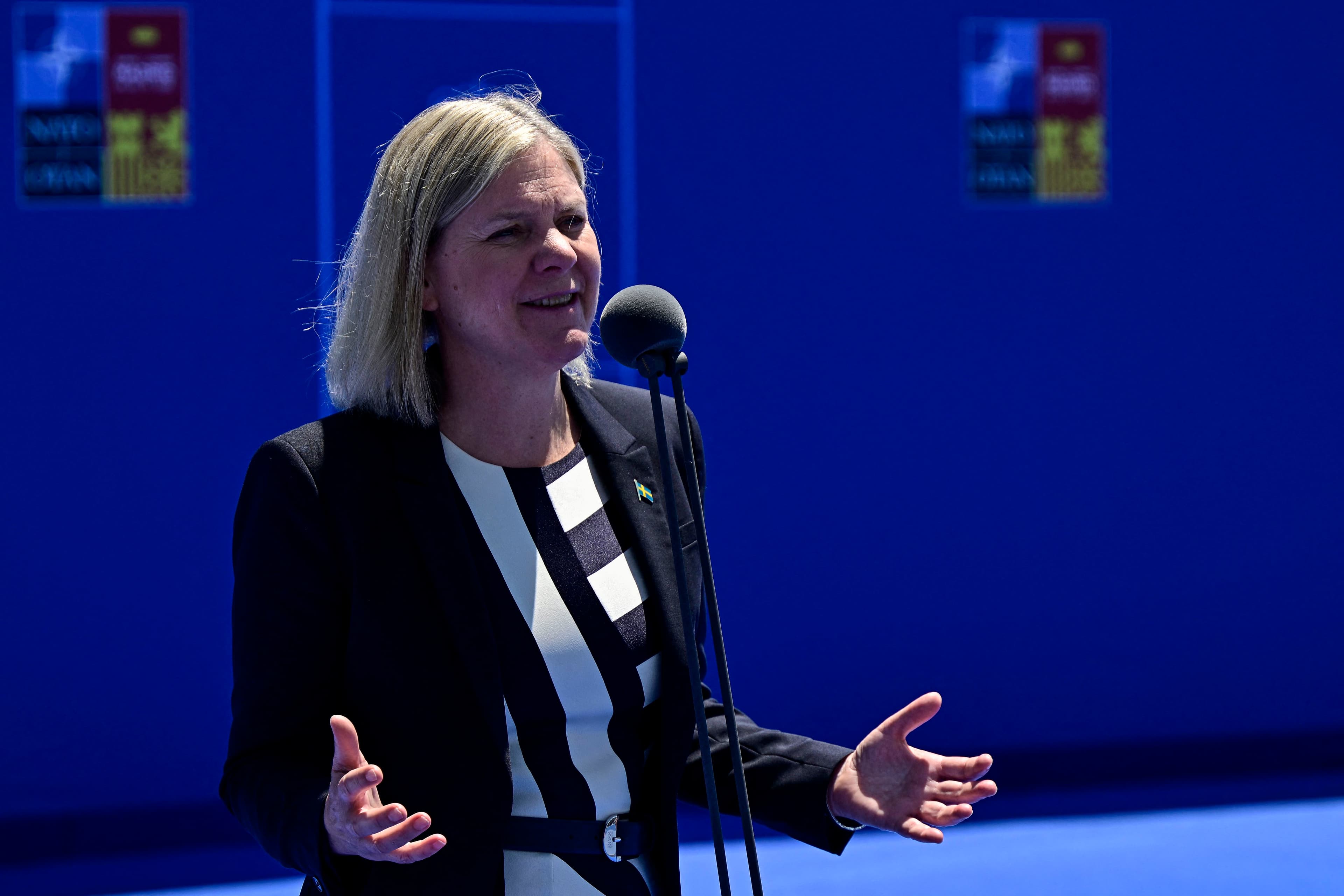 Sweden's Prime Minister Magdalena Andersson talks at a presser in Madrid upon her arrival for the NATO summit on June 29, 2022. Photo: Javier Soriano/AFP