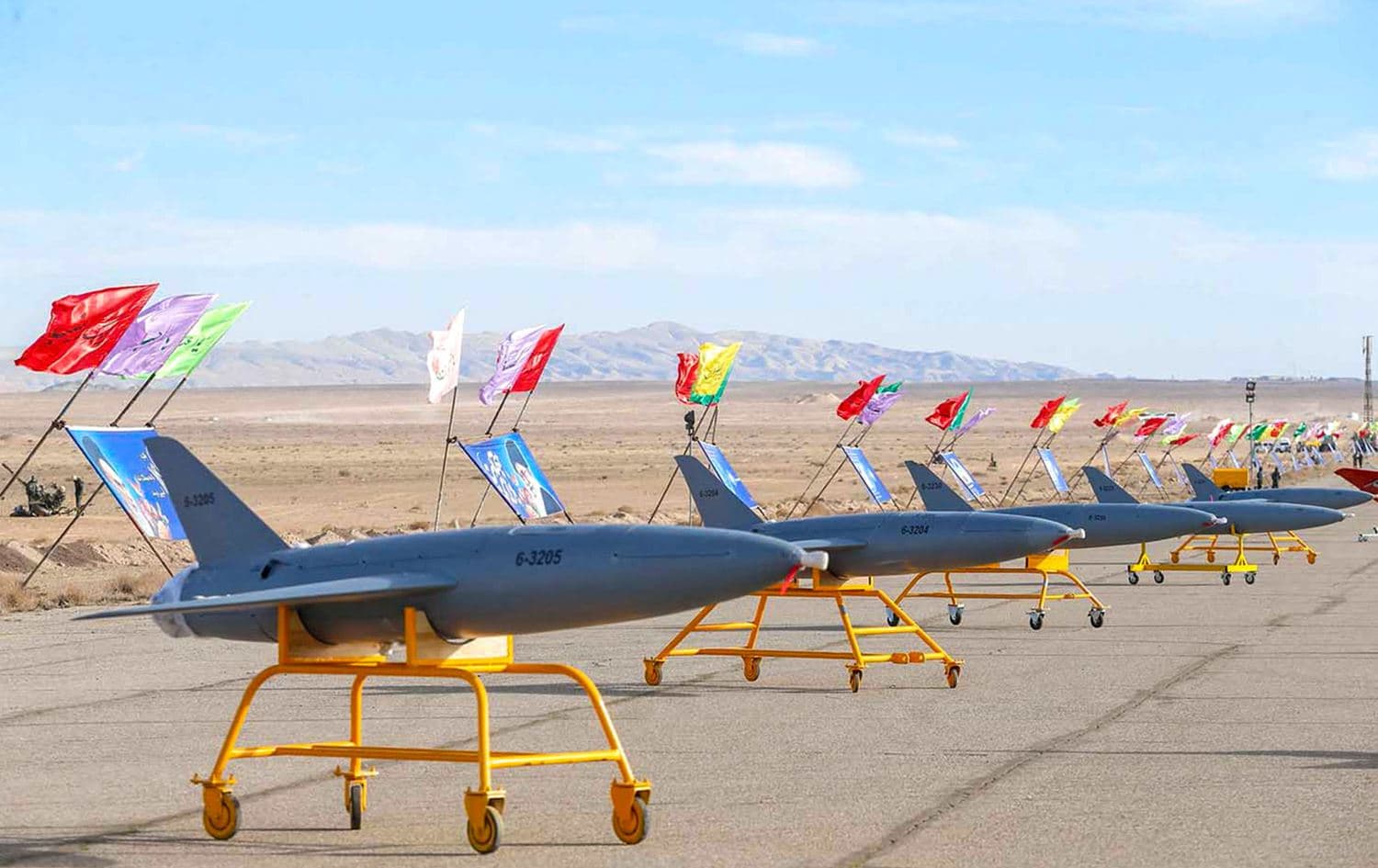 Iranian drones displayed ahead of a military drone drill in central Iran. Photo: Iranian army office/AFP