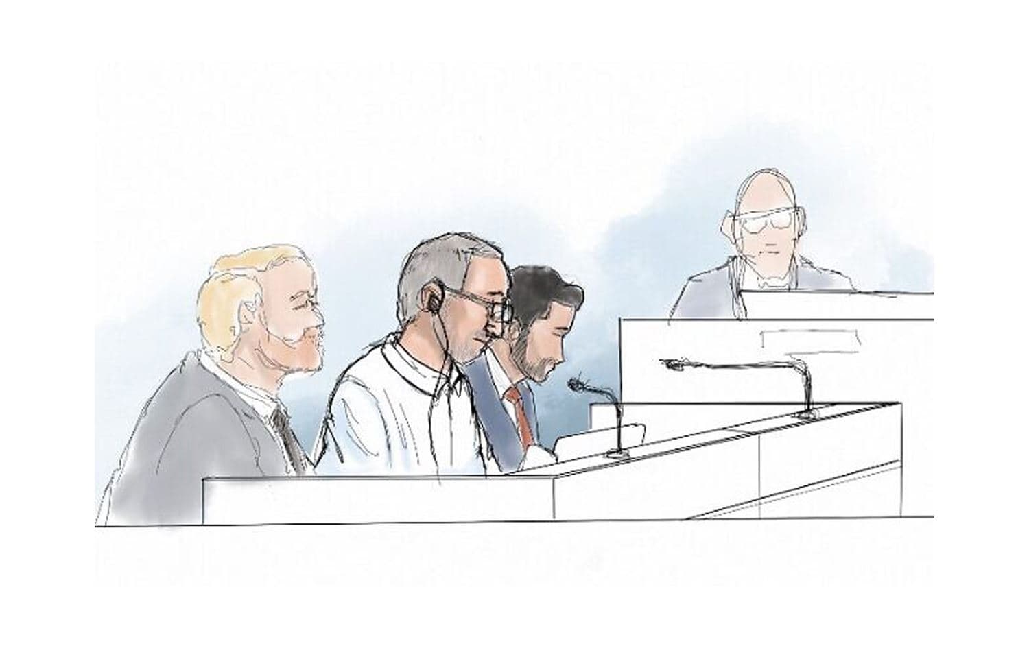Courtroom sketch shows Iranian defendant Hamid Noury (2nd from left) sitting in the District Court of Stockholm with his defense attorney Daniel Marcus (3rd from left) on the opening of his trial for war crimes and murder, on August 10, 2021. Photo: Anders Humlebo/AFP