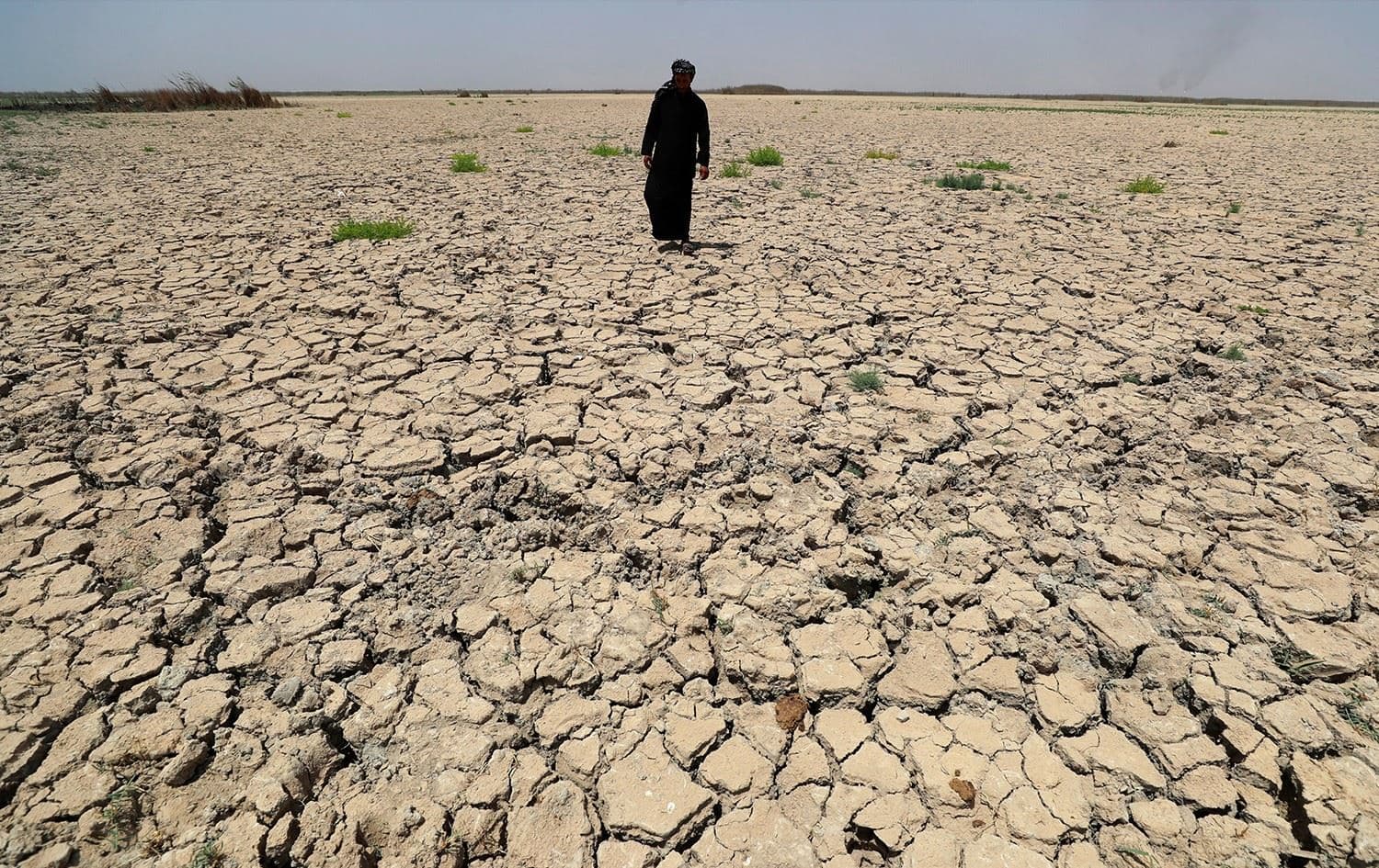 A man walks on cracked and dried up soil in the Hawiza marsh near the city of al-Amarah in southern Iraq on July 27, 2022. Photo: Ahmad al-Rubaye/AFP