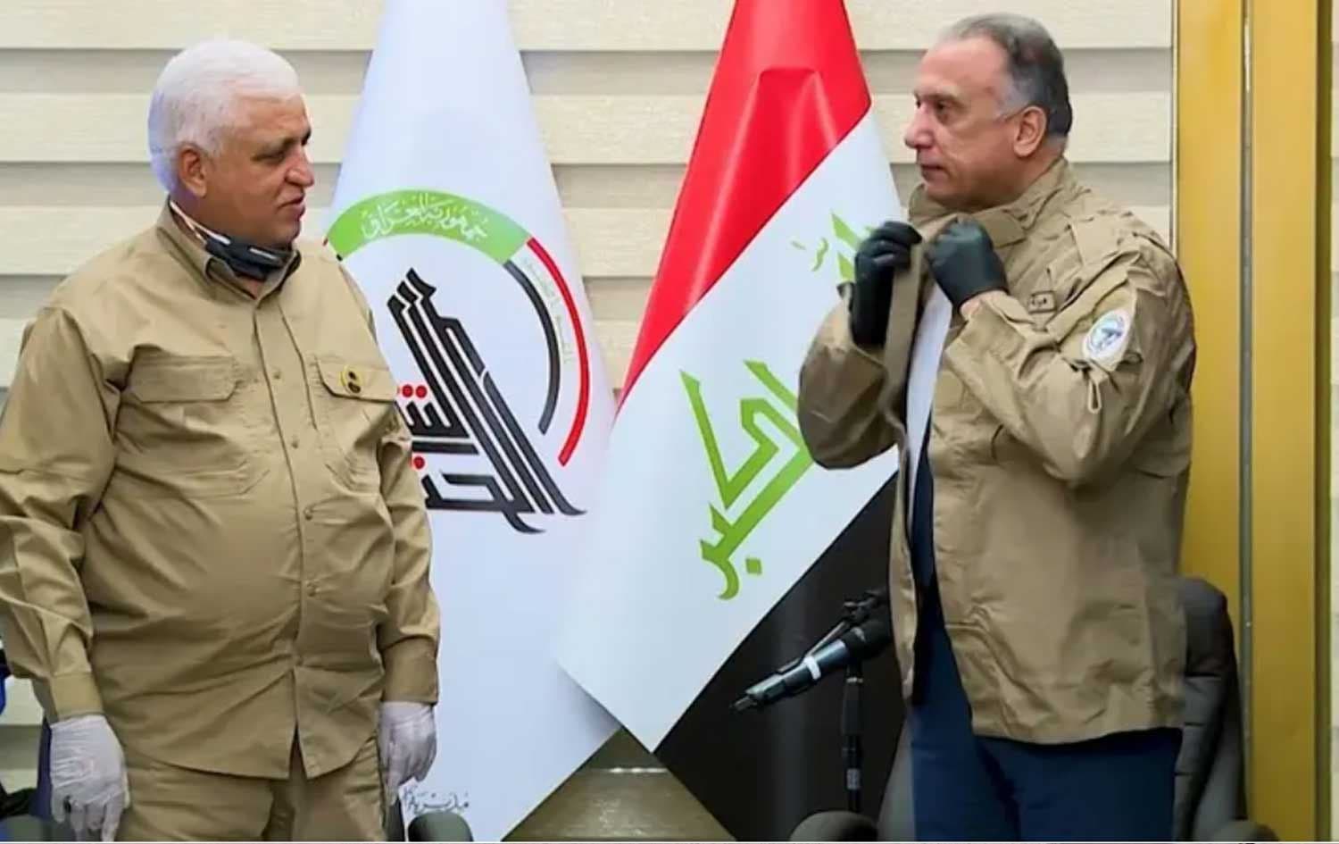 Hashd Leader Falih al-Fayyadh (left) and Iraqi PM Mustafa al-Kadhimi (right). Photo: file/AFP