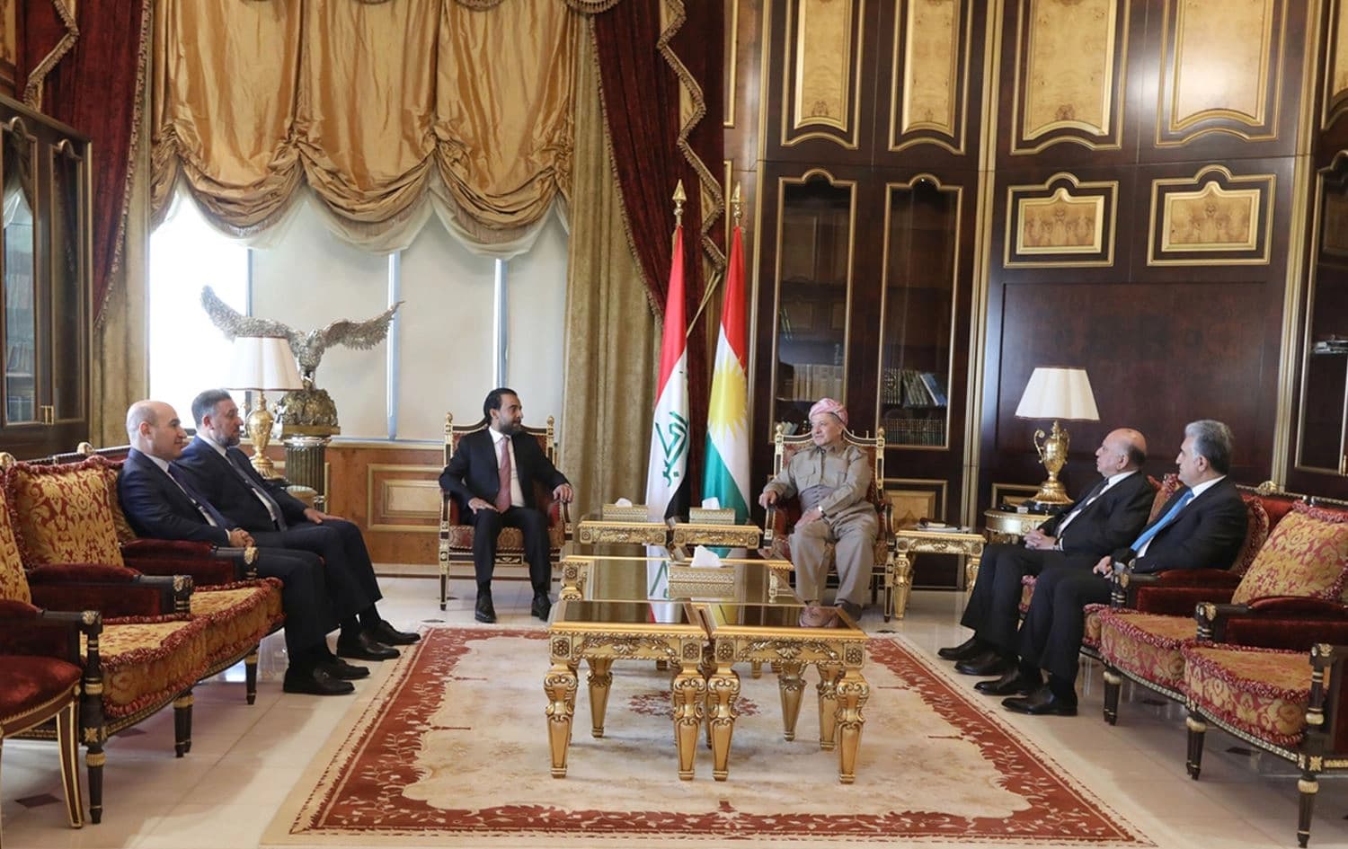 KDP President Masoud Barzani (fourth from left) received head of the Sunni Sovereignty Alliance Khamis al-Khanjar (second from left) and Iraqi parliament Speaker Mohammed al-Halbousi (third from left) on September 11, 2022. Photo: Barzani Headquarters/Facebook