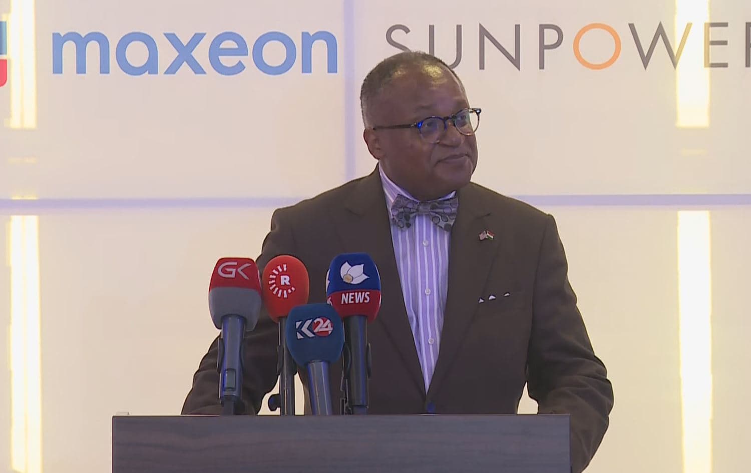 Irvin Hicks Jr., the US consul general to Erbil, delivering a speech at the launch ceremony of a solar panel project on September 18, 2022. Photo: Screenshot/Rudaw