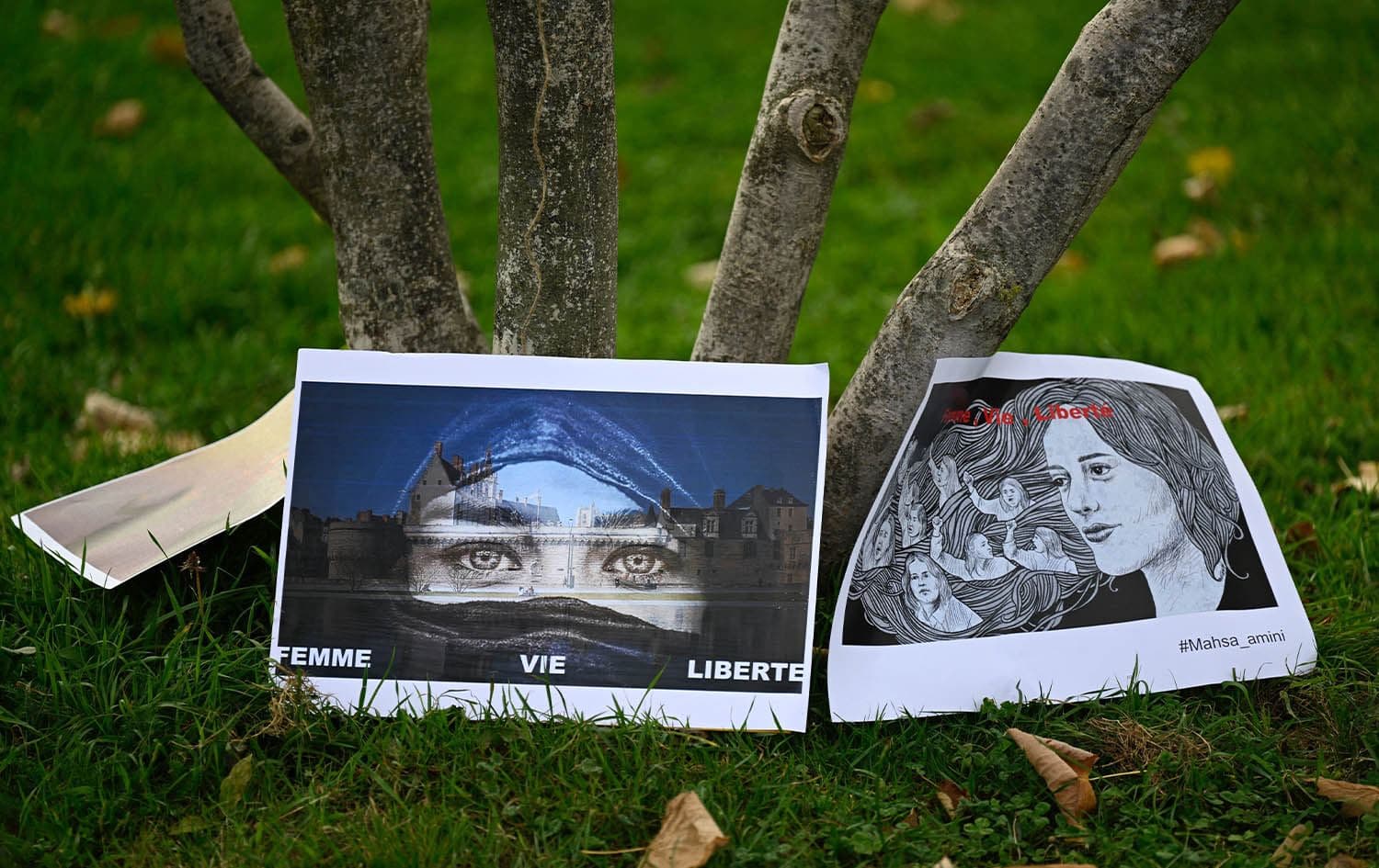 Posters are seen on the grass during a demonstration in support of Kurdish Iranian woman Mahsa Amini during a protest on October 3, 2022 in Nantes, western France. Photo: Damien Meyer/AFP