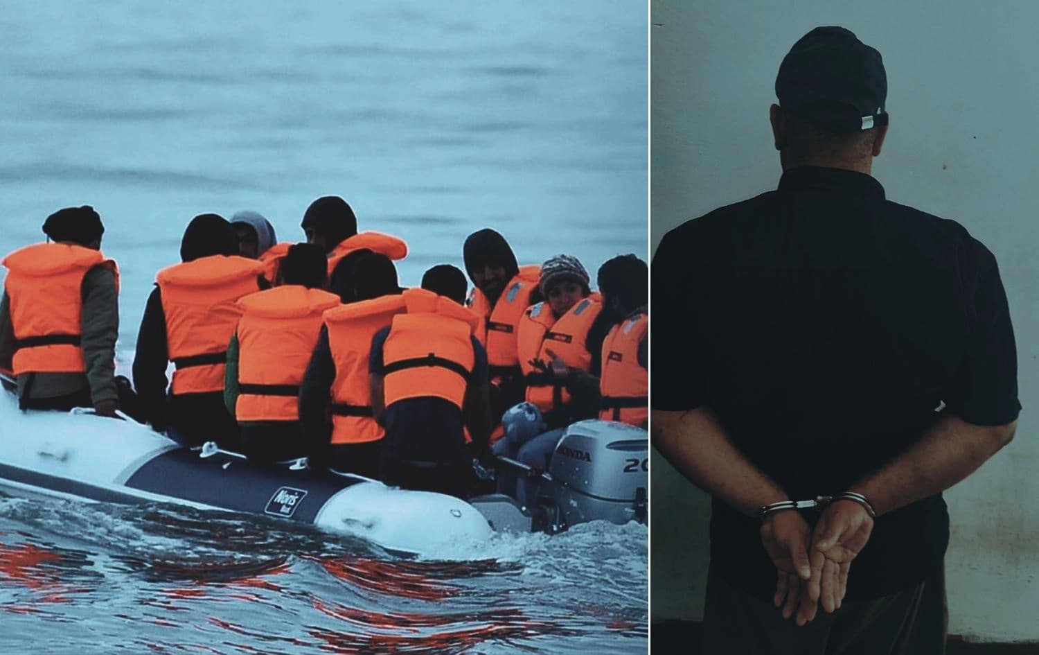 Migrants on a boat (left). Photo: AFP; Smuggler arrested in Ranya on October 18, 2022. Photo: Rudaw; Graphic: Rudaw