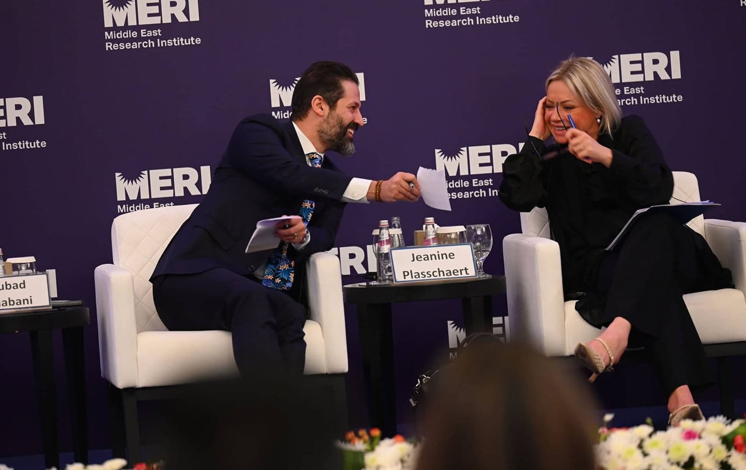 Kurdistan Region Deputy Prime Minister Qubad Talabani (left) and the United Nations Assistance Mission chief Jeanine Hennis-Plasschaert speak during a panel at the MERI forum 2022 in Erbil on November 1, 2022. Photo: Bilind T. Abdullah/Rudaw