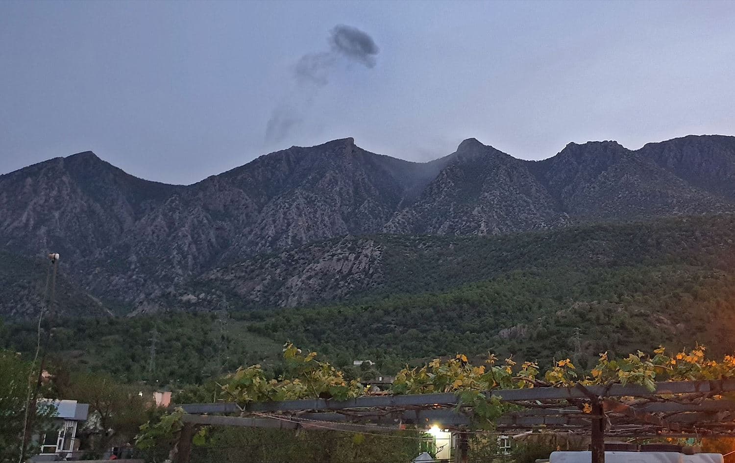 Smoke billowing from behind Metina Mountain in Duhok province following Turkish bombardment of suspected PKK positions on April 19, 2022. Photo: AFP