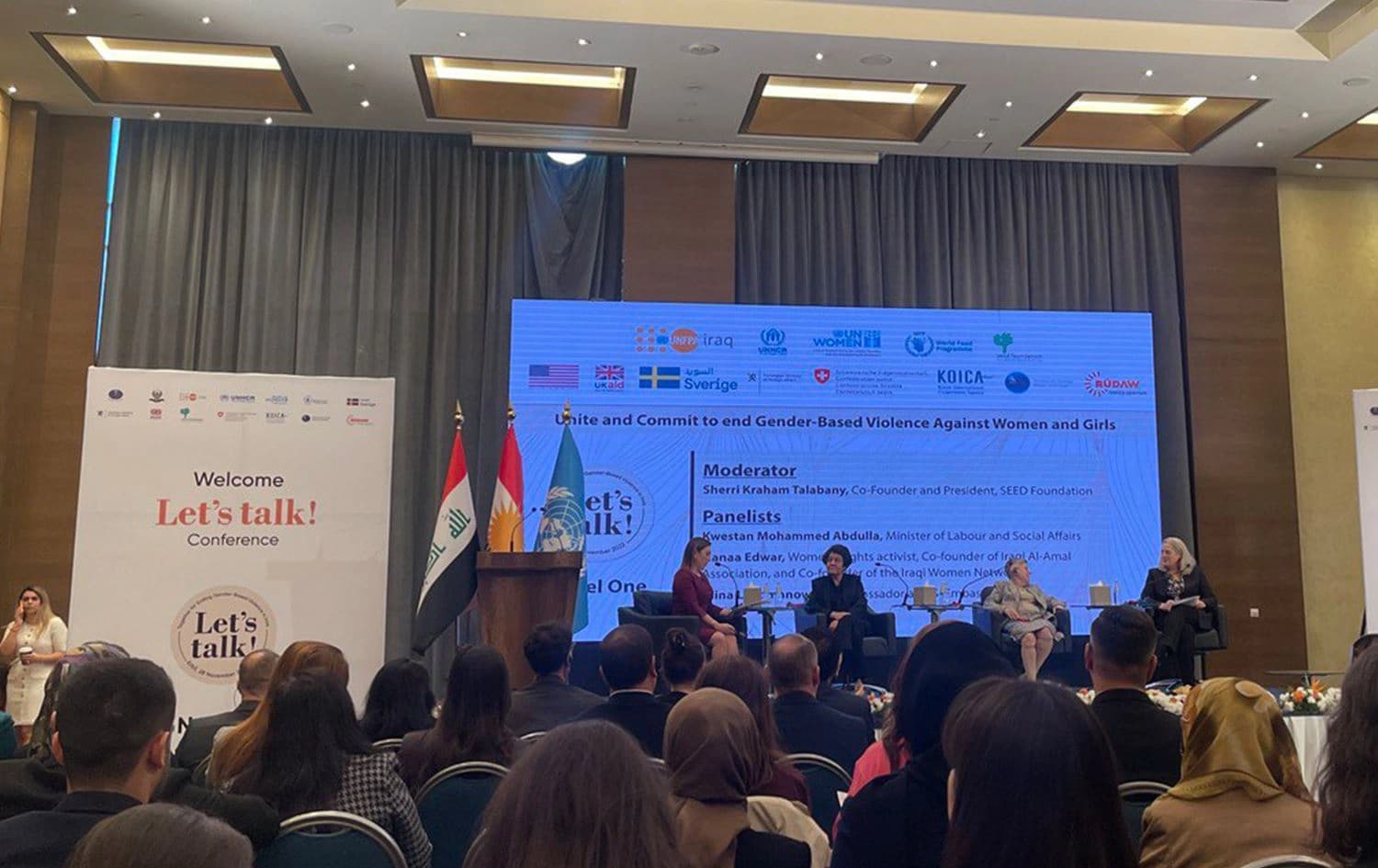 “ Let’s Talk” conference in Erbil with a panel attended by Minister of Labor and Social Affairs Kwestan Mohammed, Hanaa Edwar, co-founder of Iraqi al-Amal association, US ambassador to Iraq Alina Romanowski, andSEED Foundation President Sherri Kraham Talabani in Erbil on November 28, 2022. Photo: Rudaw