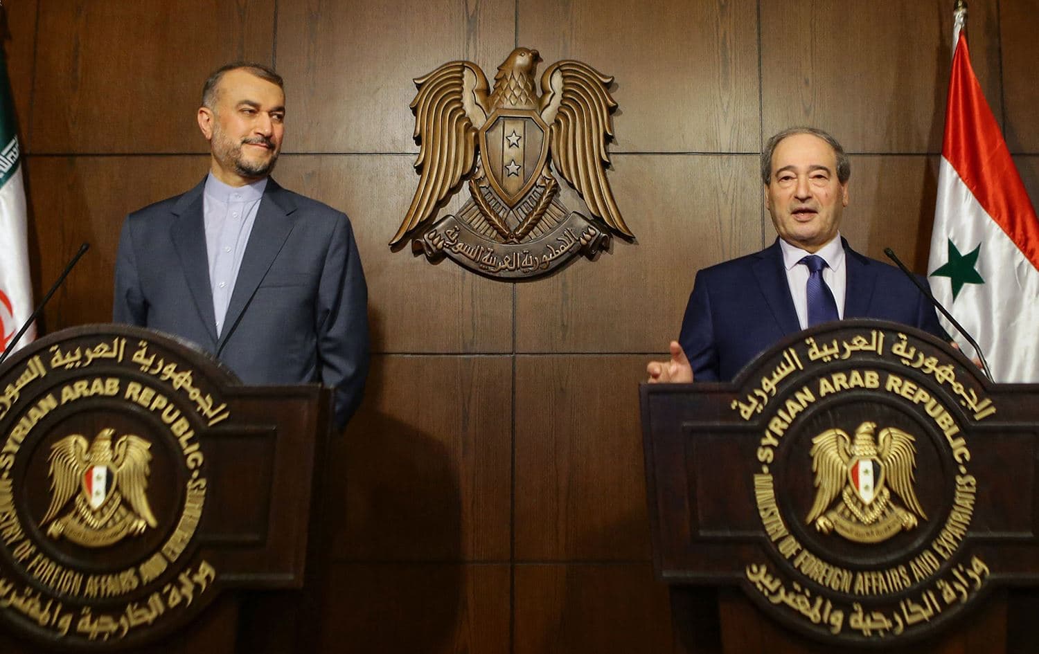 Syrian Foreign Minister Faisal Mekdad and his Iranian counterpart Hossein Amir-Abdollahian hold a press conference in Damascus on January 14, 2023. Photo: Louai Beshara/AFP