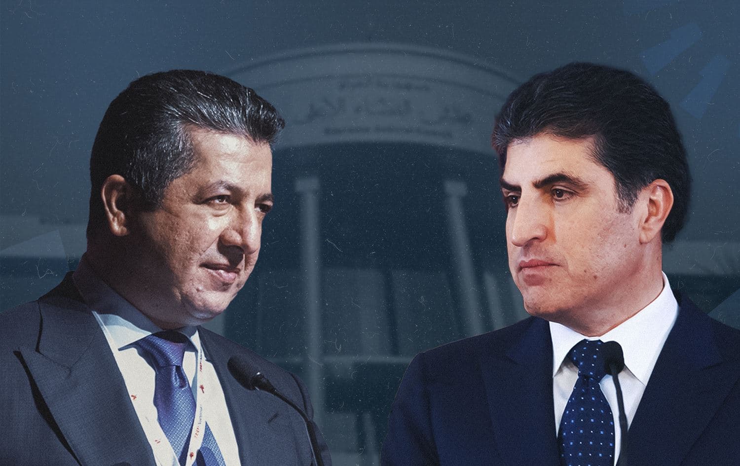 Kurdistan Region Prime Minister Masrour Barzani (left). Photo: Bilind T. Abdullah/Rudaw; Iraqi federal court (center). Photo: AFP; Kurdistan Region President Nechirvan Barzani. Photo: Bilind T. Abdullah/Rudaw; Graphic: Rudaw