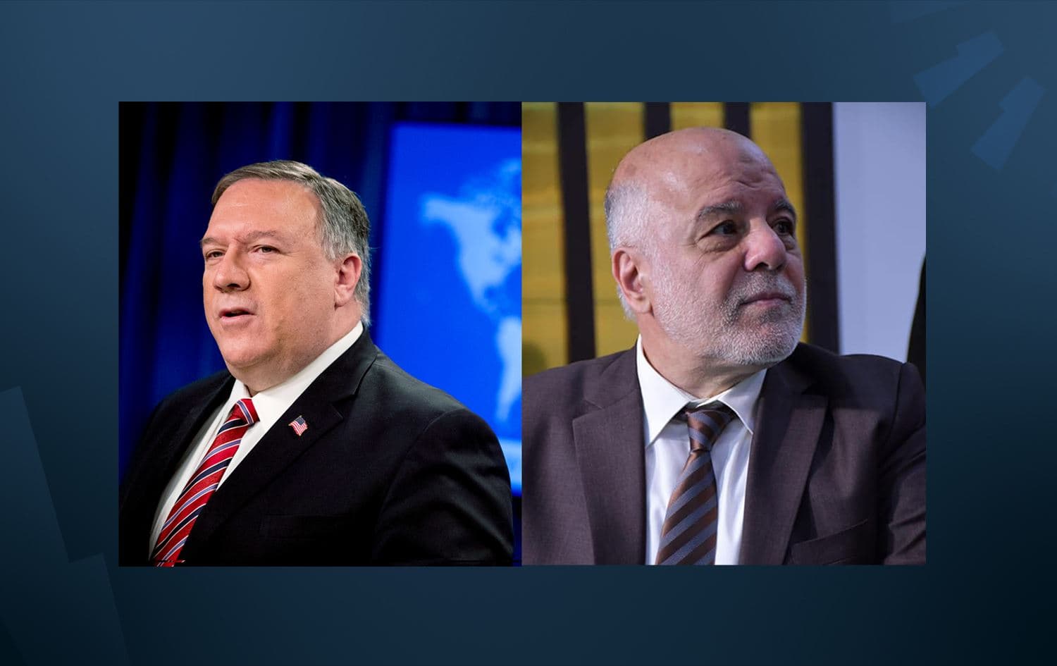 Former US Secretary of State Mike Pompeo (left). Photo: AP. Former Iraqi Prime Minister Haider al-Abadi (right). Photo: Abadi's office