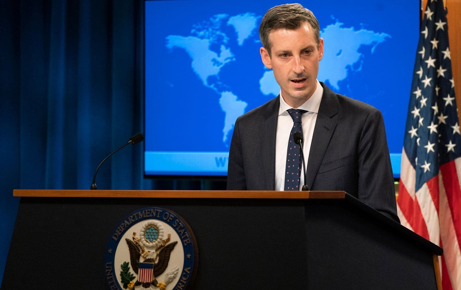 Spokesperson for the US State Department Ned Price during a presser on February 23, 2021, in Washington. Photo: AP/Manuel Balce Ceneta, Pool