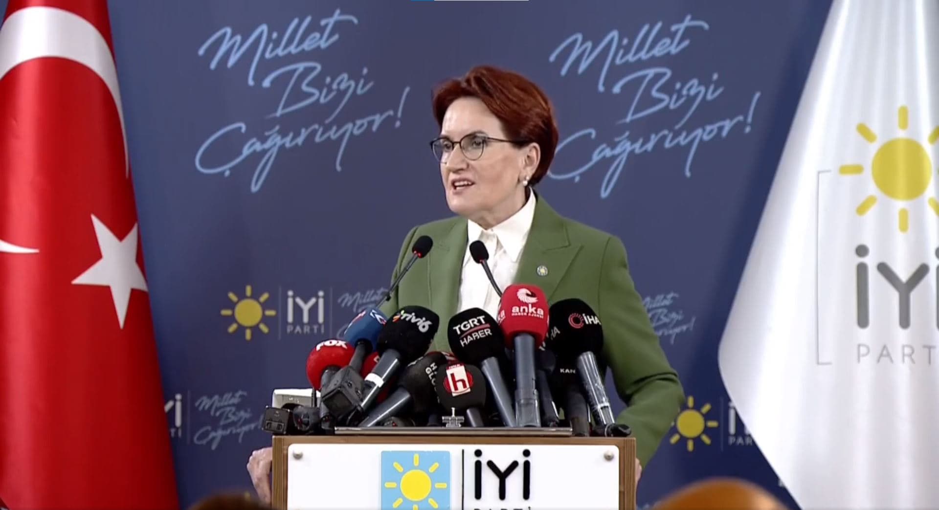 Meral Aksener, leader of the IYI Party, speaking to reporters on March 3, 2023. Photo: IYI Party