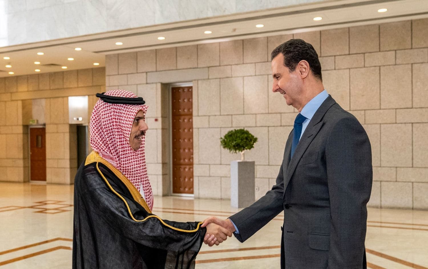 Syria's President Bashar al-Assad (right) receives Saudi Arabia's Foreign Minister Faisal bin Farhan in Damascus on April 18, 2023. Photo: handout/Syrian Presidency Facebook page/AFP