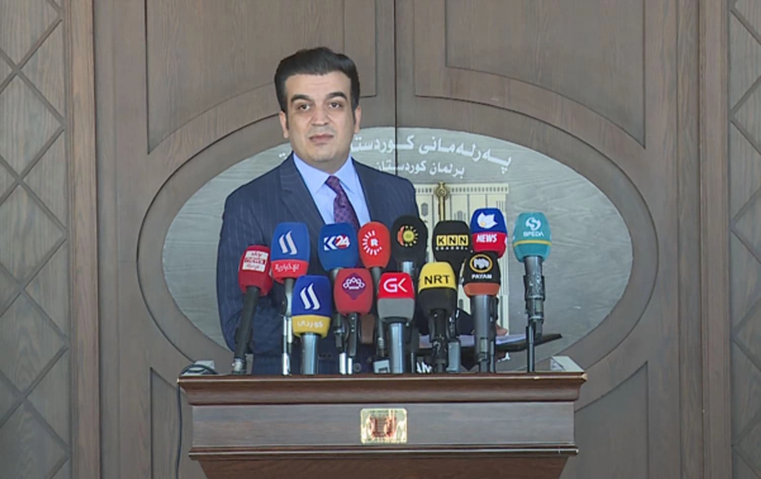 Peshawa Hawramani, the spokesperson of the KDP bloc in the Kurdistan Parliament speaking in a press conference on May 2, 2023. Photo: Rudaw