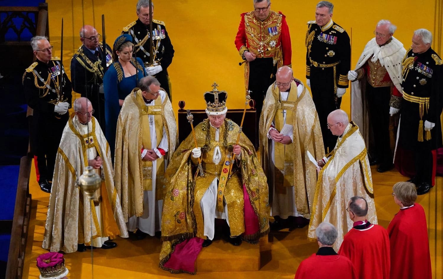 Britain's King Charles III wears the St Edward's Crown on his head during the Coronation Ceremony inside Westminster Abbey in central London on May 6, 2023. Photo: Andrew Matthews / POOL / AFP