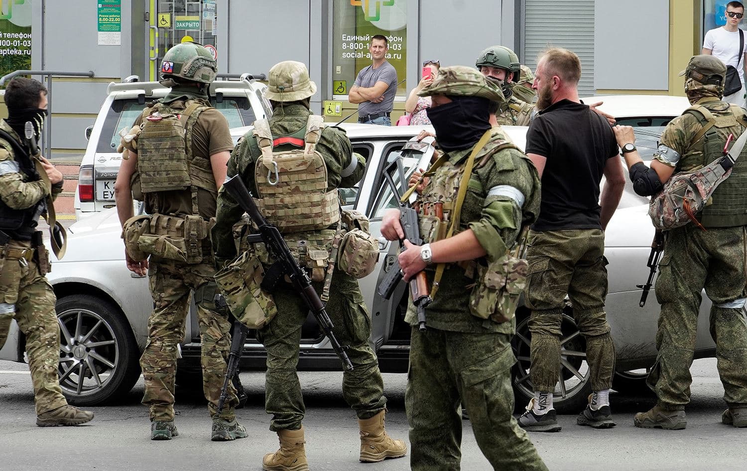 Members of Wagner group inspect a car in a street of Rostov-on-Don, on June 24, 2023. President Vladimir Putin on June 24, 2023 said an armed mutiny by Wagner mercenaries was a "stab in the back" and that the group's chief Yevgeny Prigozhin had betrayed Russia, as he vowed to punish the dissidents. Photo: Stringer/AFP