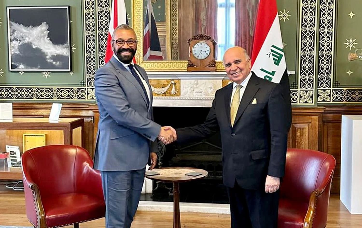 UK Foreign Secretary James Cleverly (left) and Iraq’s Foreign Minister Fuad Hussein (right) meet in London on July 4, 2023. Photo: Iraqi foreign ministry/Facebook