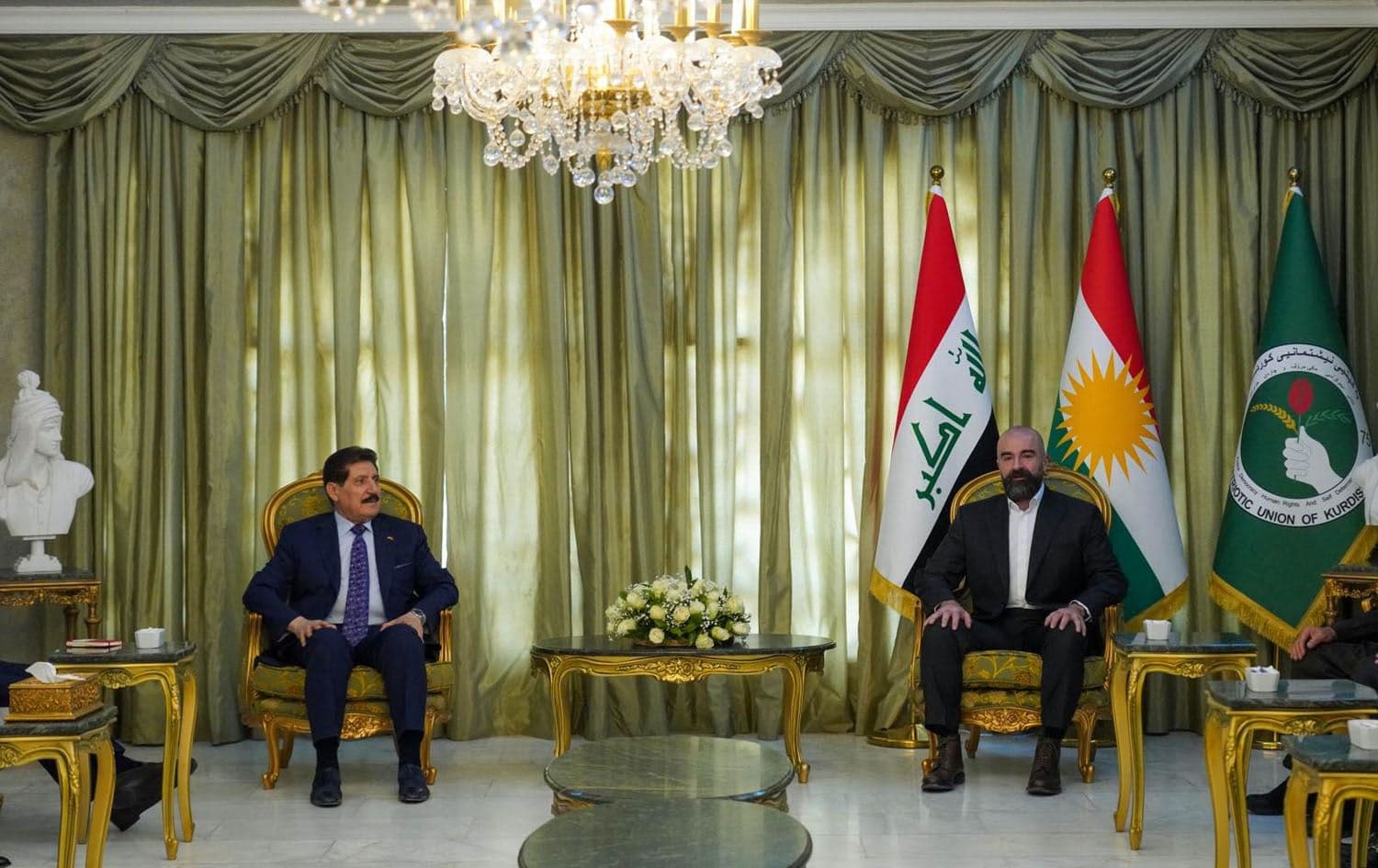 Fazel Mirani, KDP politburo secretary (left), and PUK leader Bafel Talabani, in Sulaimani on July 31, 2023. Photo: Rudaw