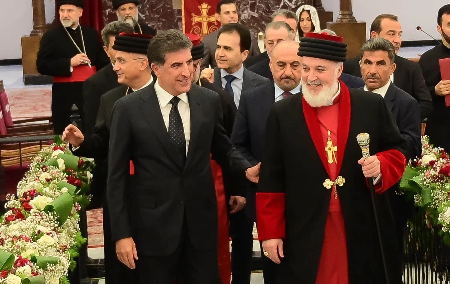 سەرۆکی هەرێمی کوردستان و پاتریارکی کەنیسەی رۆژهەڵاتی ئاشووری لە رێوڕەسمی کردنەوەی کەنیسەی کاتێدراڵی نوێی پاتریارکی رۆژهەڵاتی لە هەولێر. وێنە: بڵند تاهیر - رووداو